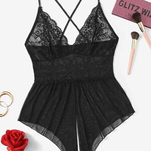 Plus Size Lingerie -  Black Lace Teddy, Semi-Sheer, Open Crotch